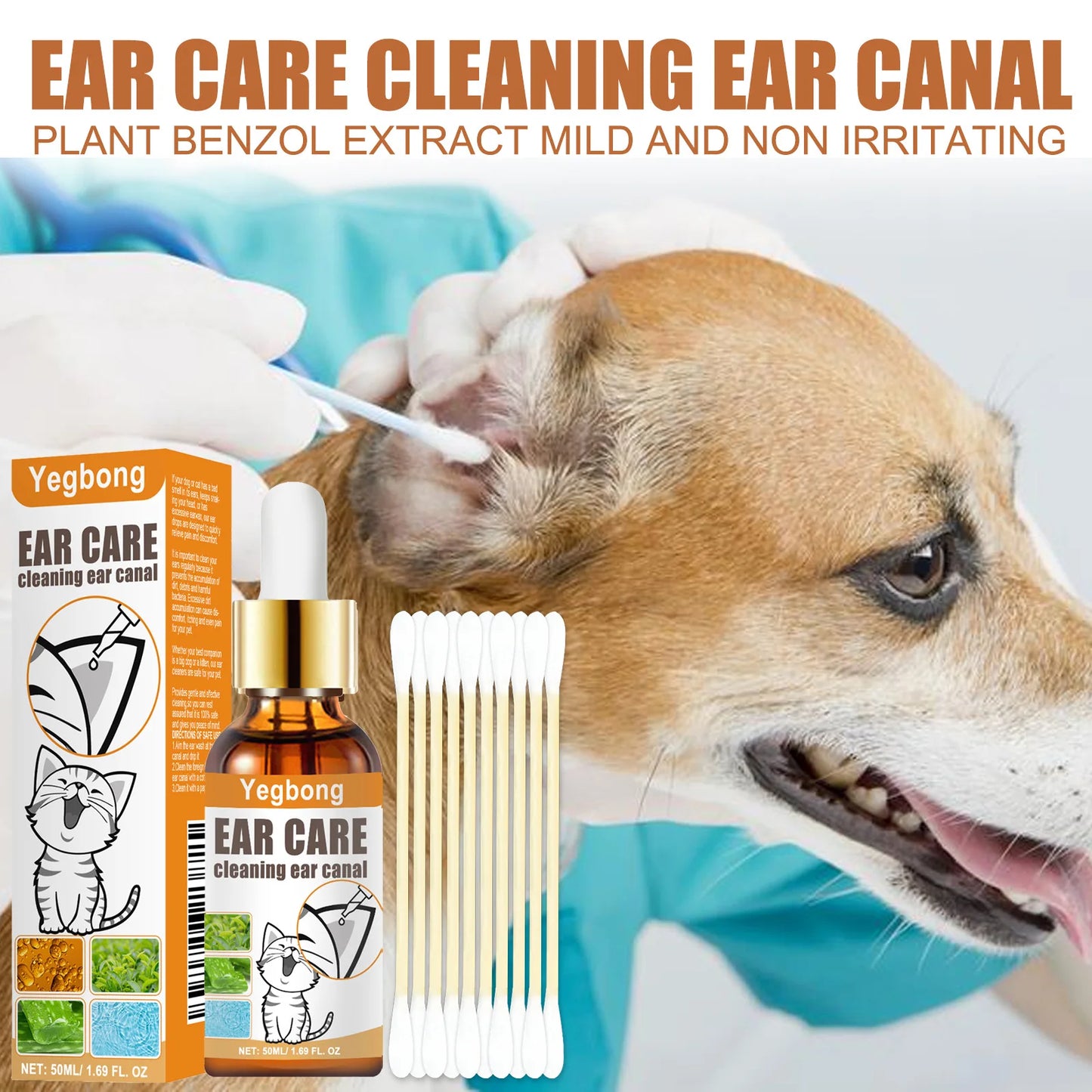 Yegbong 50ml Pet Ear Cleaner – Ear Mite Deodorant & Soothing Wash for Dogs and Cats