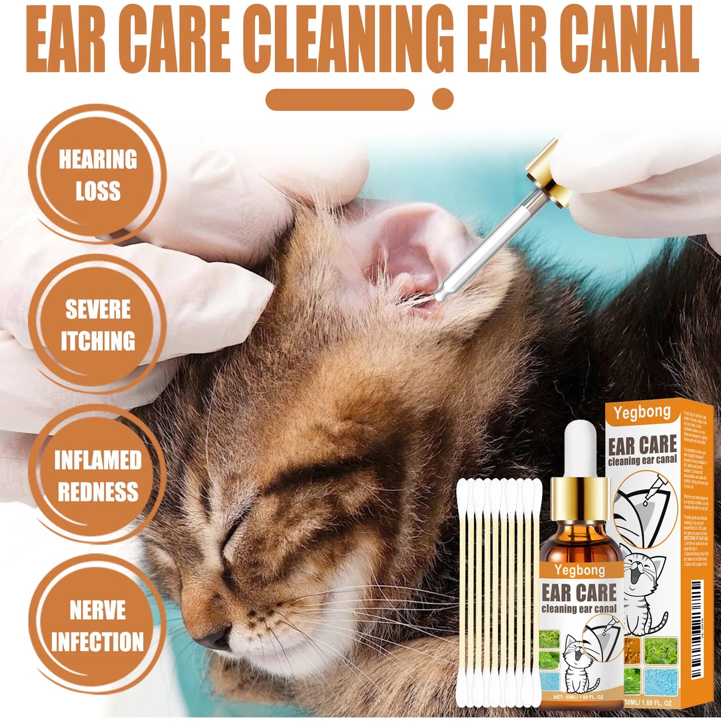 Yegbong 50ml Pet Ear Cleaner – Ear Mite Deodorant & Soothing Wash for Dogs and Cats