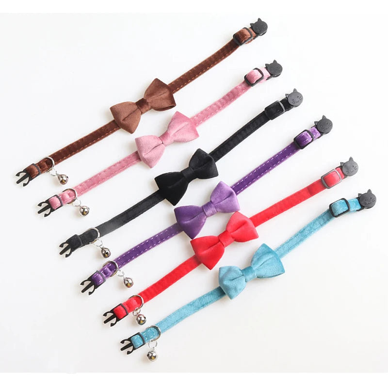 Velvet Cat Collar with Bowknot and Bell – Adjustable Safety Buckle for Puppies and Small Cats