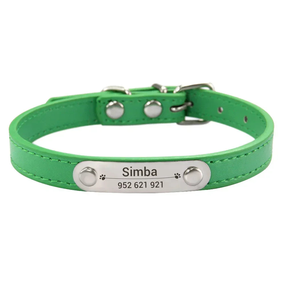 Personalized PU Leather Dog Collar with Name Carved ID – Anti-Lost Solid Collar for Small, Medium & Large Dogs and Cats