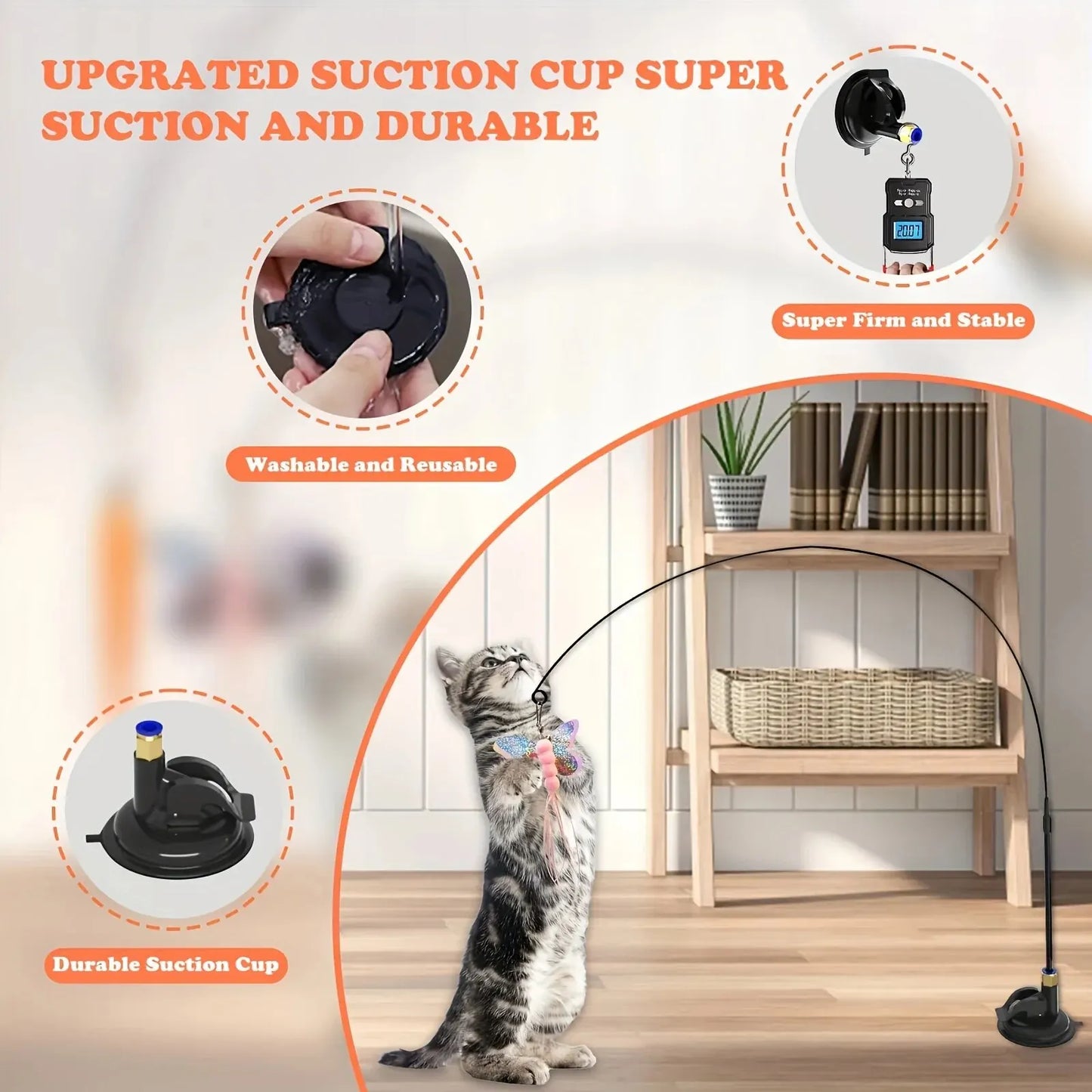 Interactive Cat Teaser Toy – Feather Wand with Bell & Suction Cup Pole for Nonstop Fun