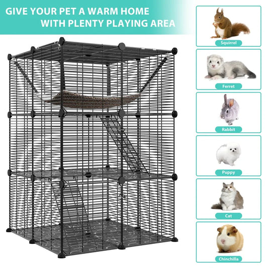3-Tier Cat Cage Enclosure – Metal Wire Cat Kennel Playpen with Hammock for 1–2 Cats