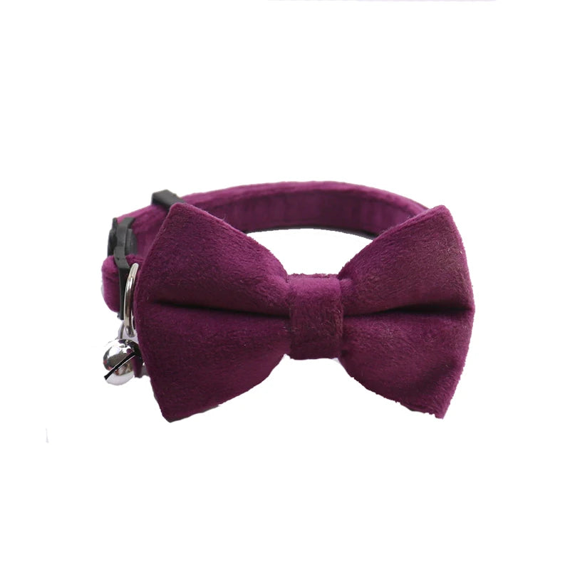 Velvet Cat Collar with Bowknot and Bell – Adjustable Safety Buckle for Puppies and Small Cats