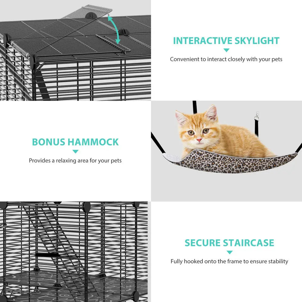 3-Tier Cat Cage Enclosure – Metal Wire Cat Kennel Playpen with Hammock for 1–2 Cats