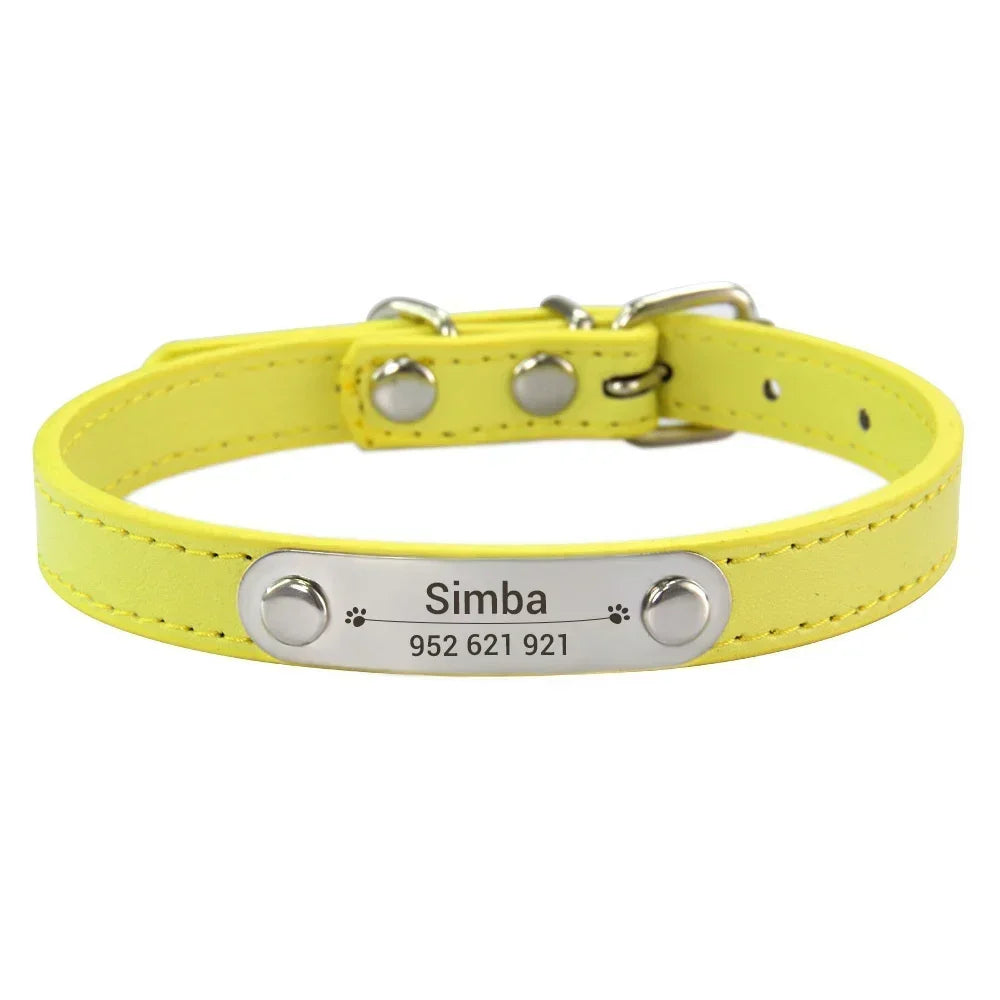 Personalized PU Leather Dog Collar with Name Carved ID – Anti-Lost Solid Collar for Small, Medium & Large Dogs and Cats