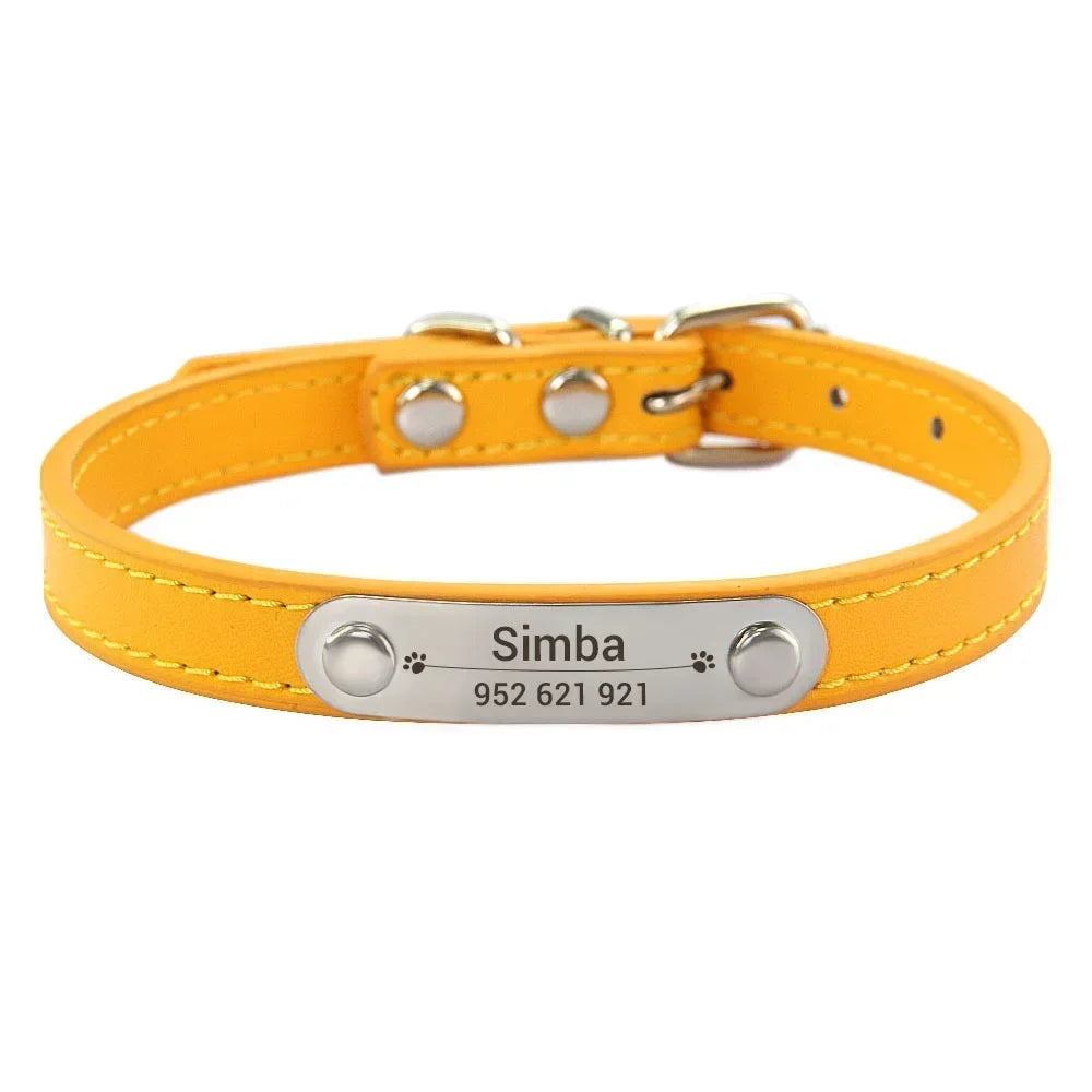 Personalized PU Leather Dog Collar with Name Carved ID – Anti-Lost Solid Collar for Small, Medium & Large Dogs and Cats