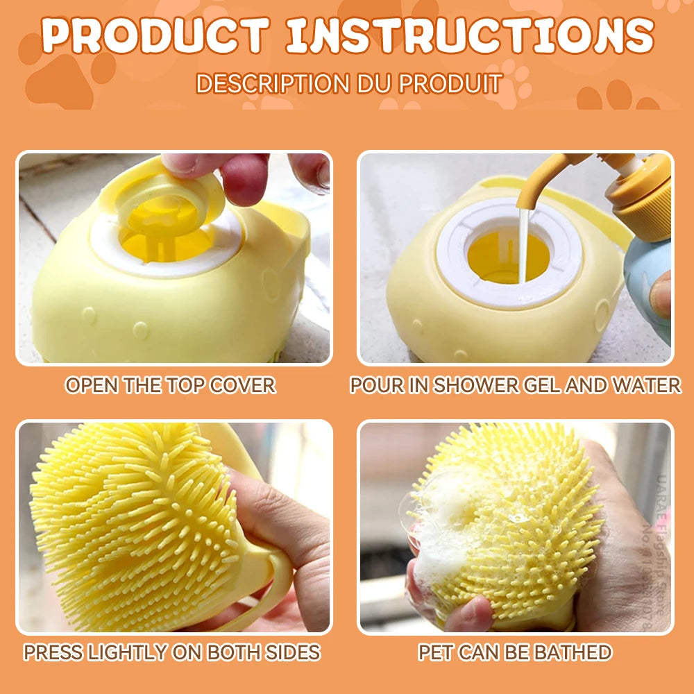 Dog Bathing Brush with Shampoo Dispenser – Soft Silicone Massage & Grooming Tool for Dogs & Cats