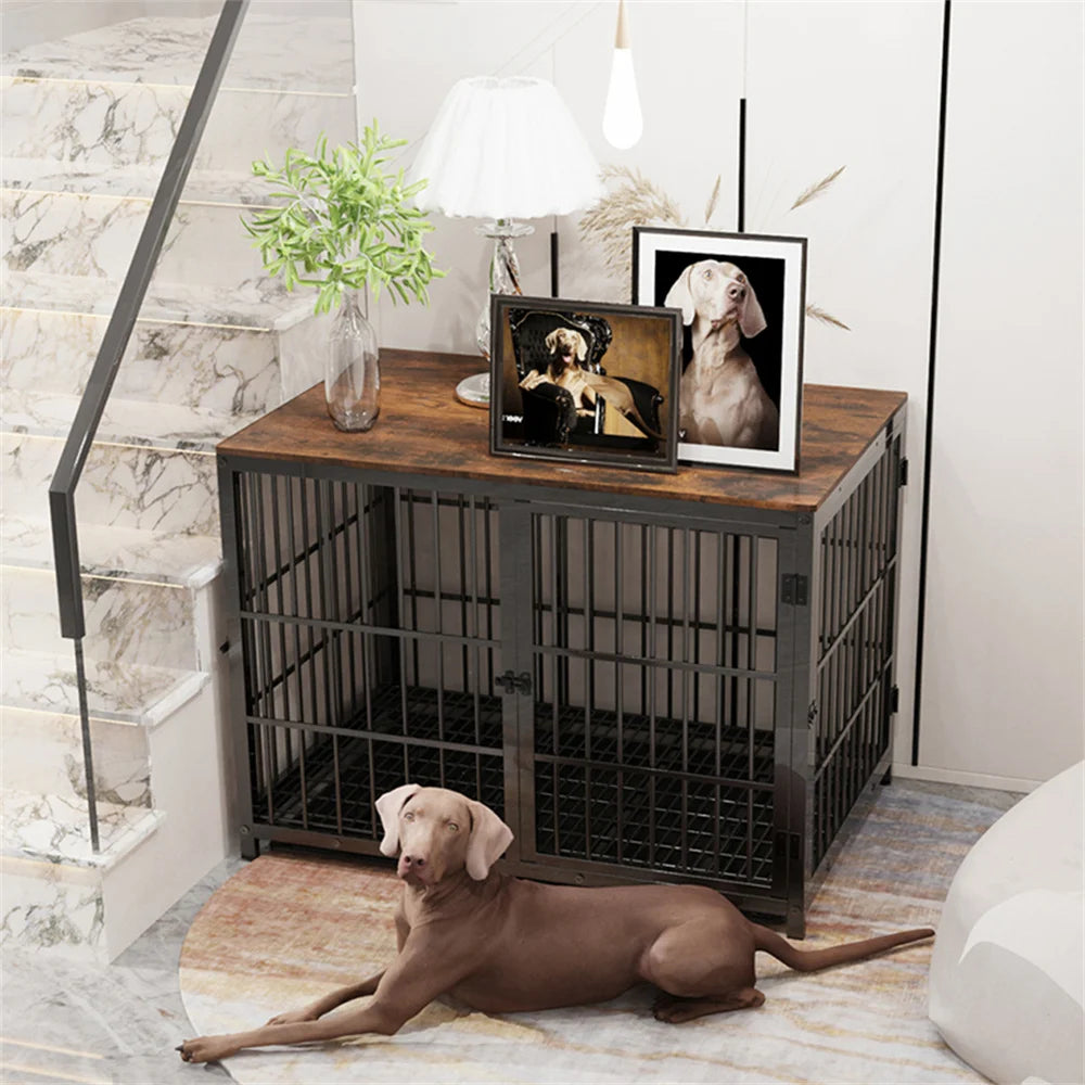 Large Wooden Dog Crate – Furniture-Style Indoor Kennel with 3 Doors, Removable Tray & End Table Design