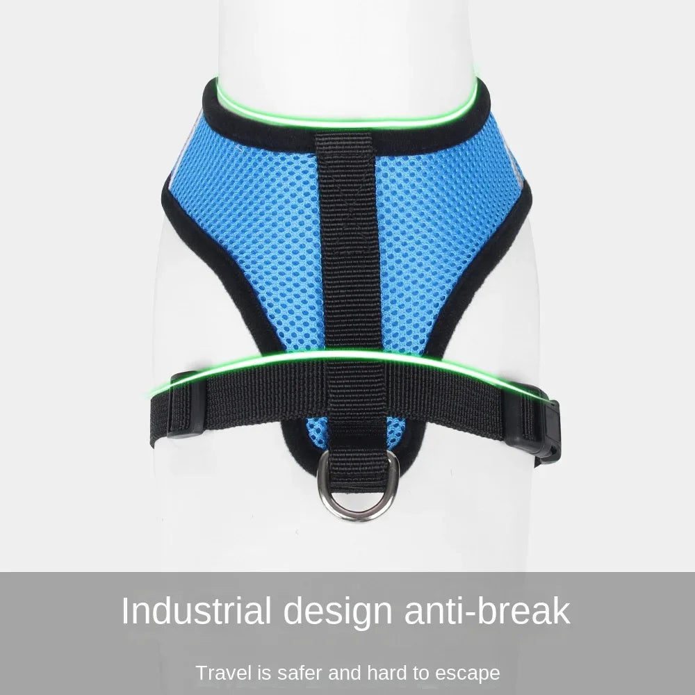 Summer Adjustable Pet Harness & Leash – Breathable Polyester Mesh with Reflective Strips