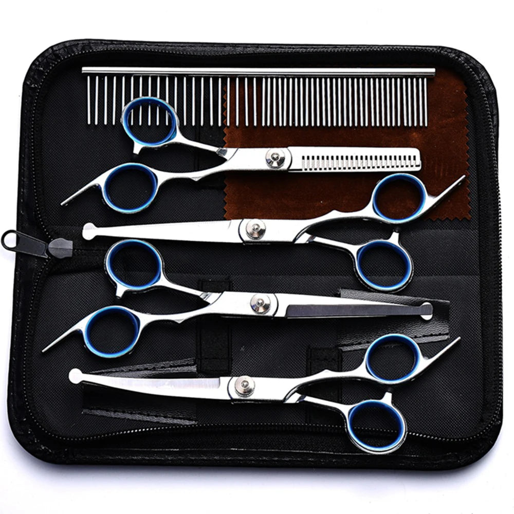 Professional 7-Inch 4CR Stainless Steel Pet Hair Shears – 7-Piece Grooming Scissors Set