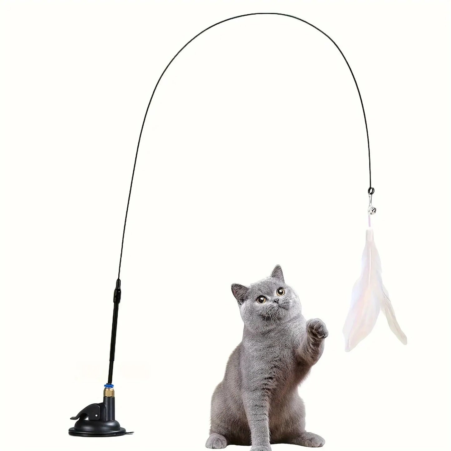Interactive Cat Teaser Toy – Feather Wand with Bell & Suction Cup Pole for Nonstop Fun