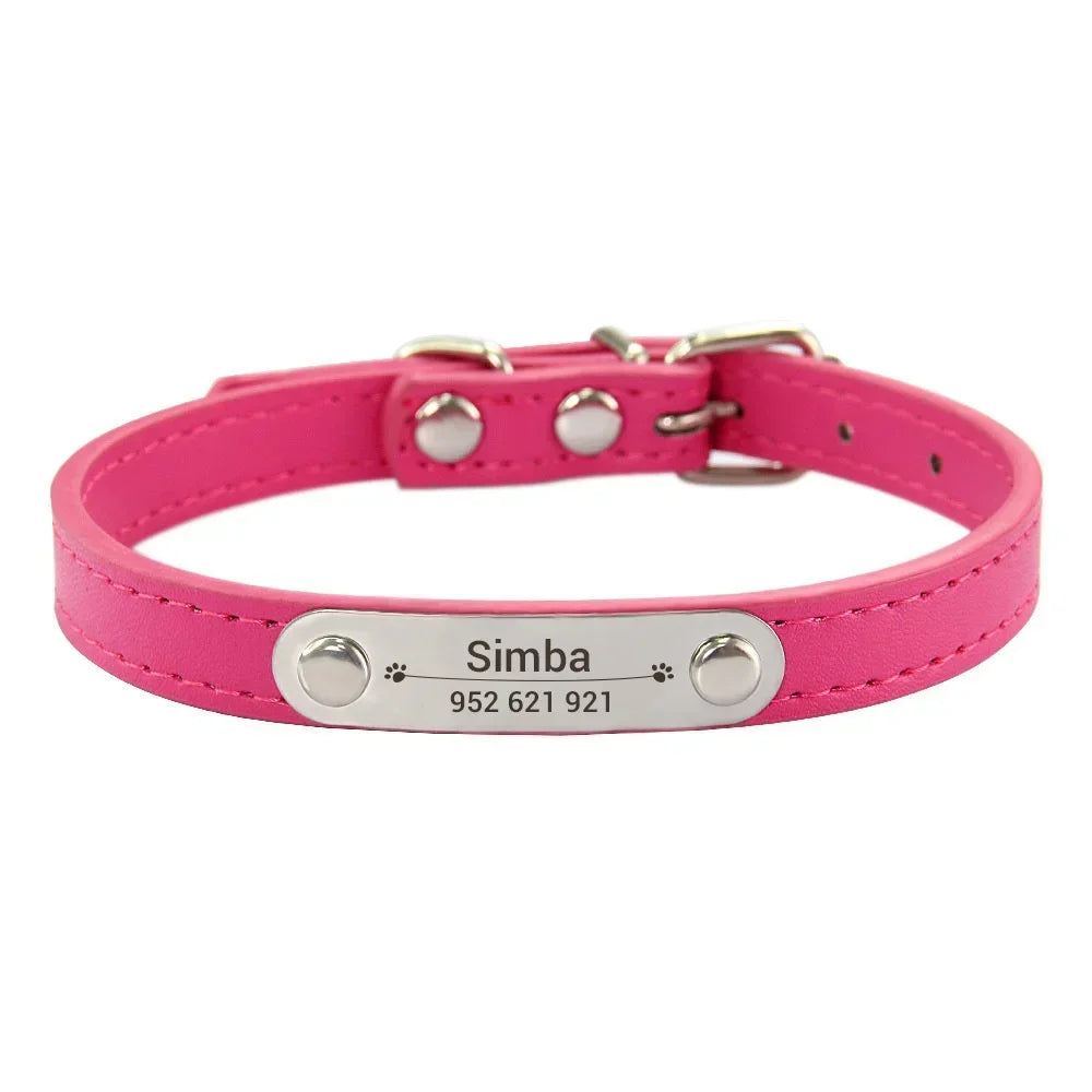 Personalized PU Leather Dog Collar with Name Carved ID – Anti-Lost Solid Collar for Small, Medium & Large Dogs and Cats