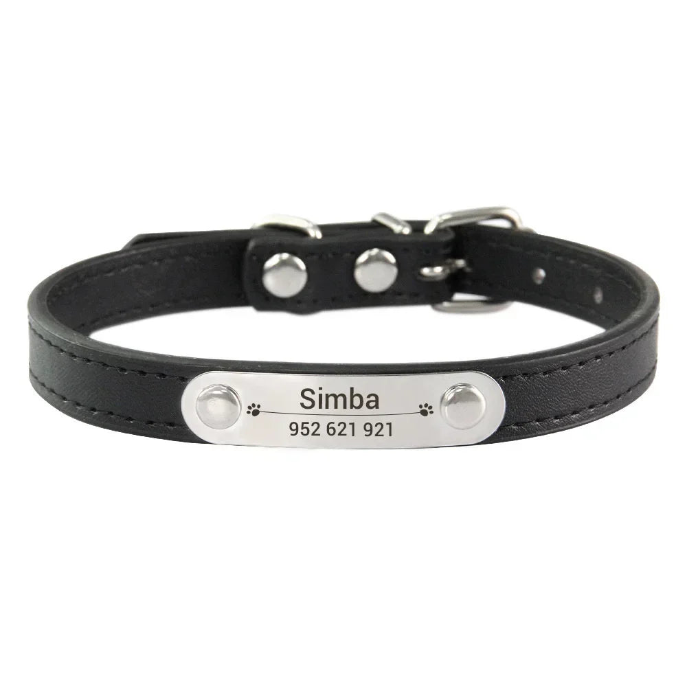 Personalized PU Leather Dog Collar with Name Carved ID – Anti-Lost Solid Collar for Small, Medium & Large Dogs and Cats