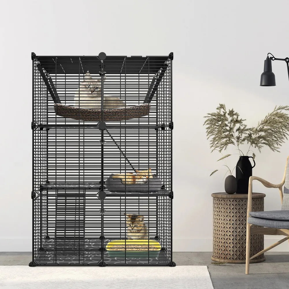 3-Tier Cat Cage Enclosure – Metal Wire Cat Kennel Playpen with Hammock for 1–2 Cats