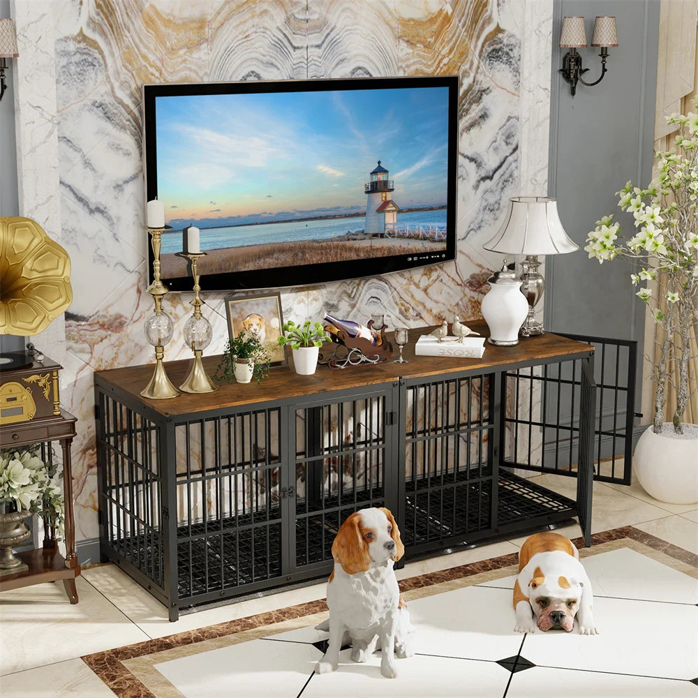 Large Wooden Dog Crate – Furniture-Style Indoor Kennel with 3 Doors, Removable Tray & End Table Design