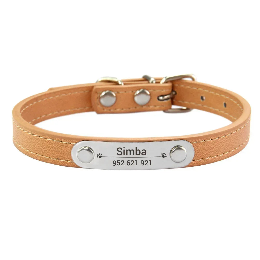 Personalized PU Leather Dog Collar with Name Carved ID – Anti-Lost Solid Collar for Small, Medium & Large Dogs and Cats