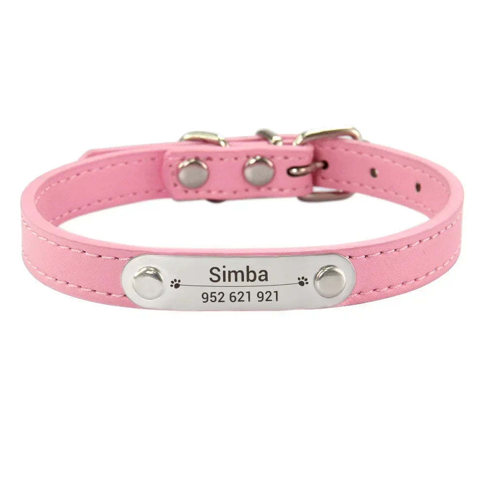 Personalized PU Leather Dog Collar with Name Carved ID – Anti-Lost Solid Collar for Small, Medium & Large Dogs and Cats