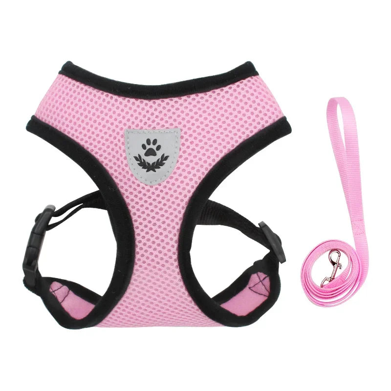 Summer Adjustable Pet Harness & Leash – Breathable Polyester Mesh with Reflective Strips