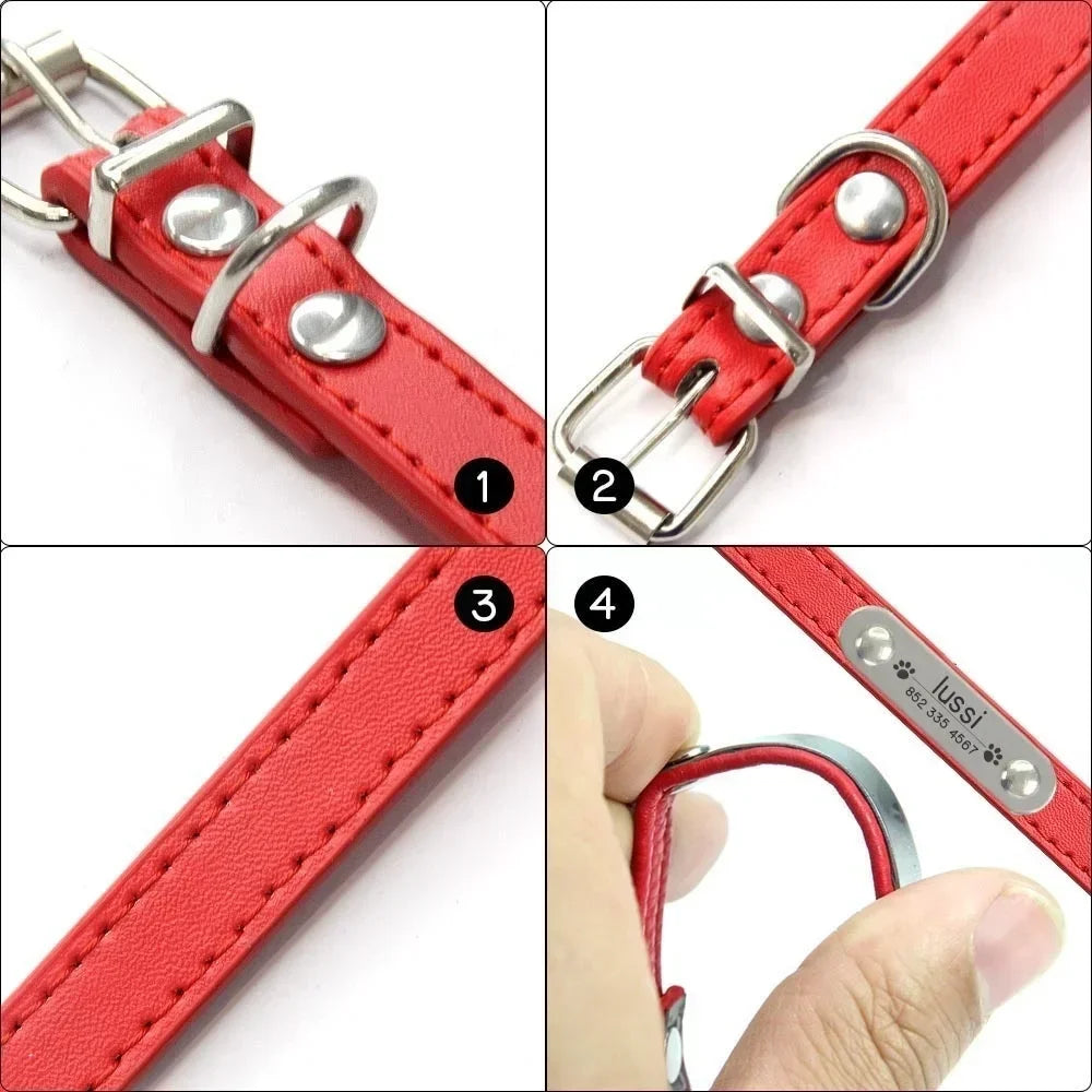 Personalized PU Leather Dog Collar with Name Carved ID – Anti-Lost Solid Collar for Small, Medium & Large Dogs and Cats