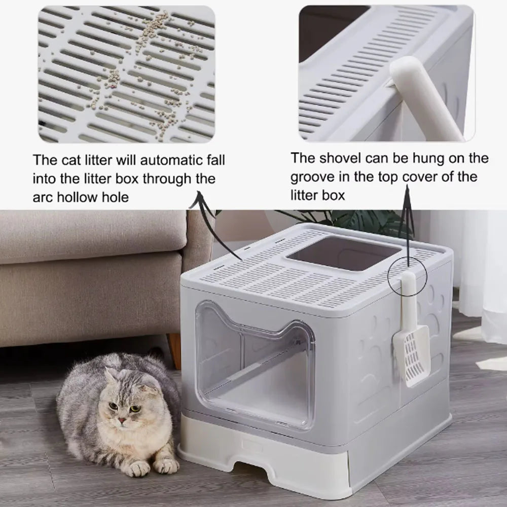 Convenient Foldable Cat Litter Box with Drawer Design and Scooper – Easy Waste Management