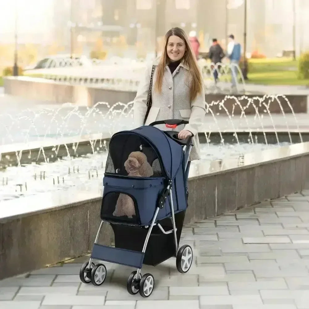 Navy Folding Pet Stroller – 4-Wheel Travel Carrier with Storage Basket