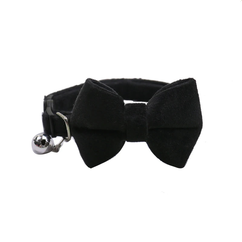 Velvet Cat Collar with Bowknot and Bell – Adjustable Safety Buckle for Puppies and Small Cats