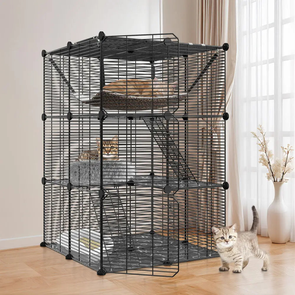 3-Tier Cat Cage Enclosure – Metal Wire Cat Kennel Playpen with Hammock for 1–2 Cats