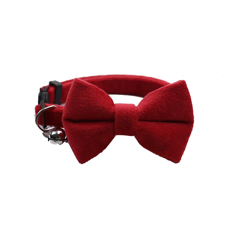 Velvet Cat Collar with Bowknot and Bell – Adjustable Safety Buckle for Puppies and Small Cats