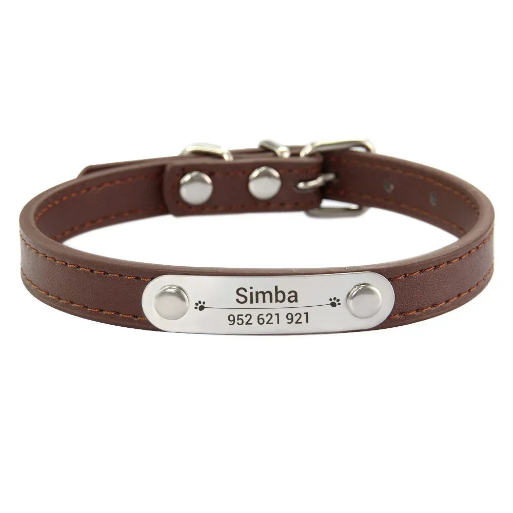Personalized PU Leather Dog Collar with Name Carved ID – Anti-Lost Solid Collar for Small, Medium & Large Dogs and Cats