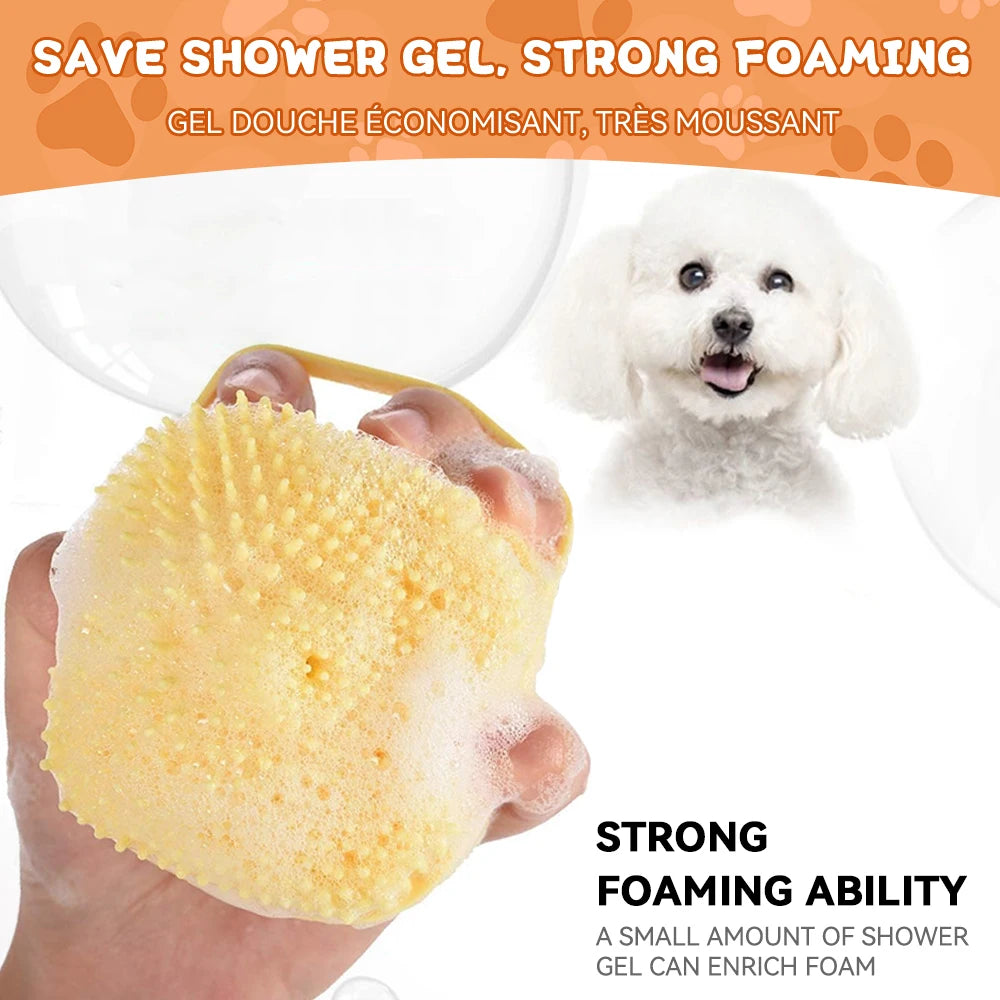 Dog Bathing Brush with Shampoo Dispenser – Soft Silicone Massage & Grooming Tool for Dogs & Cats