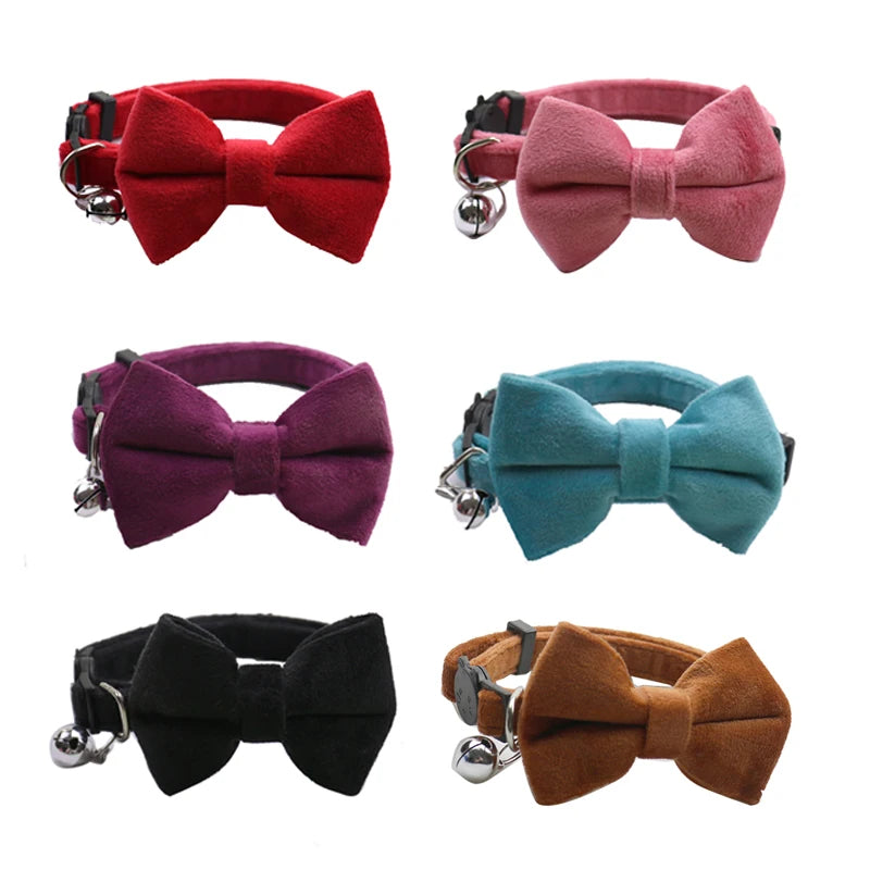 Velvet Cat Collar with Bowknot and Bell – Adjustable Safety Buckle for Puppies and Small Cats