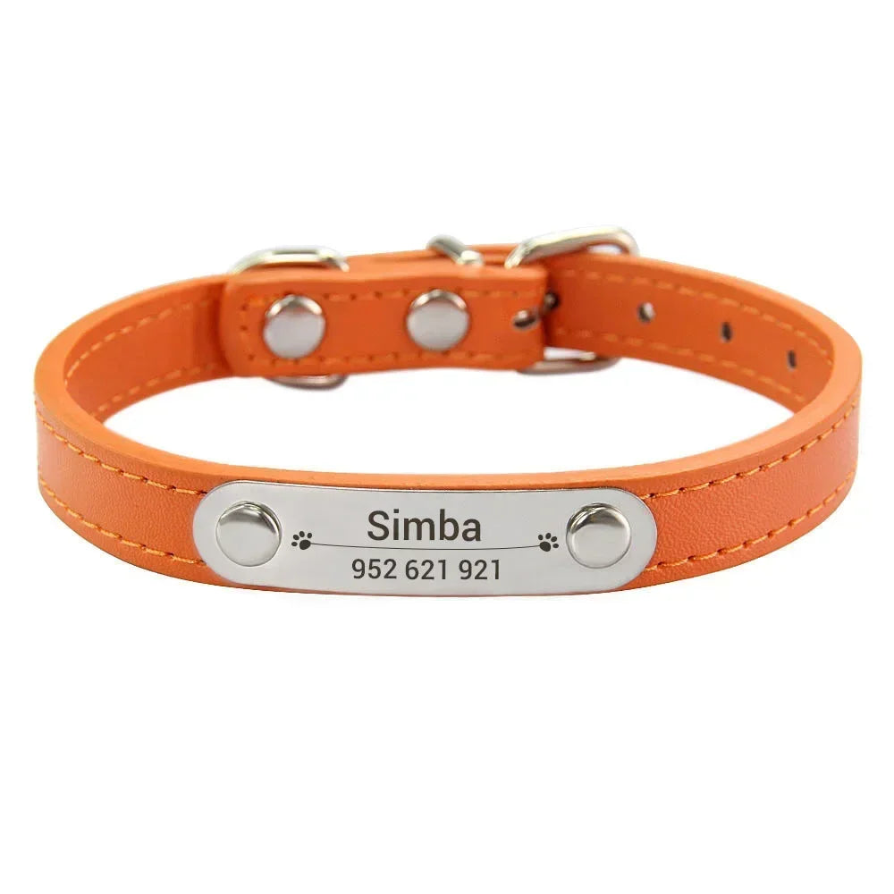 Personalized PU Leather Dog Collar with Name Carved ID – Anti-Lost Solid Collar for Small, Medium & Large Dogs and Cats