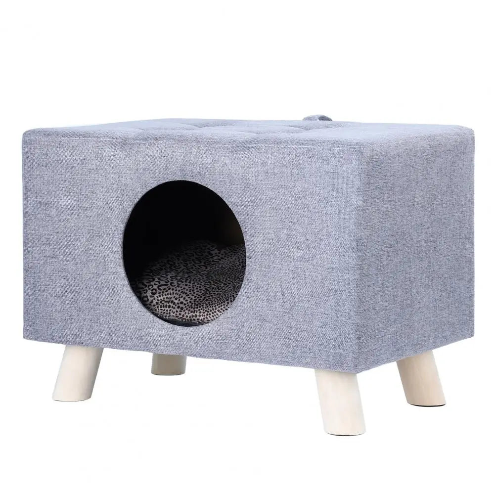 Cat Nest Pet House Bench – Wooden Cat Cave with Mat & Cushion
