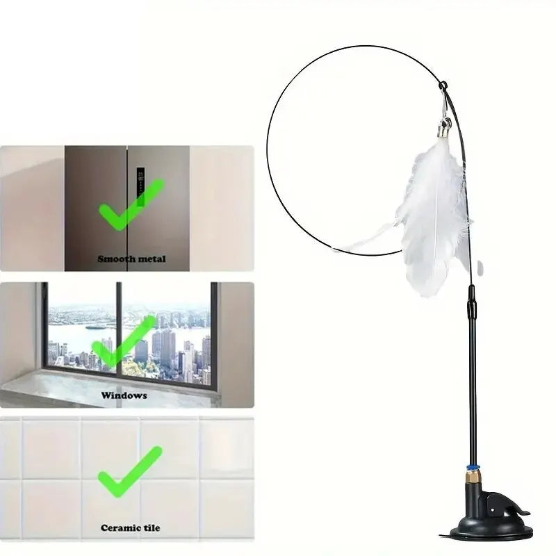 Interactive Cat Teaser Toy – Feather Wand with Bell & Suction Cup Pole for Nonstop Fun