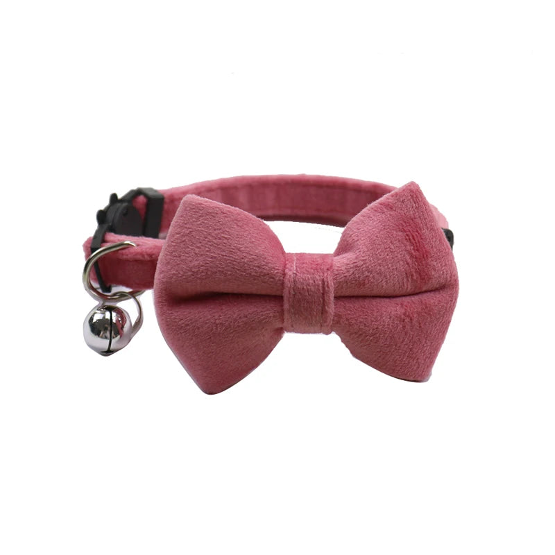 Velvet Cat Collar with Bowknot and Bell – Adjustable Safety Buckle for Puppies and Small Cats