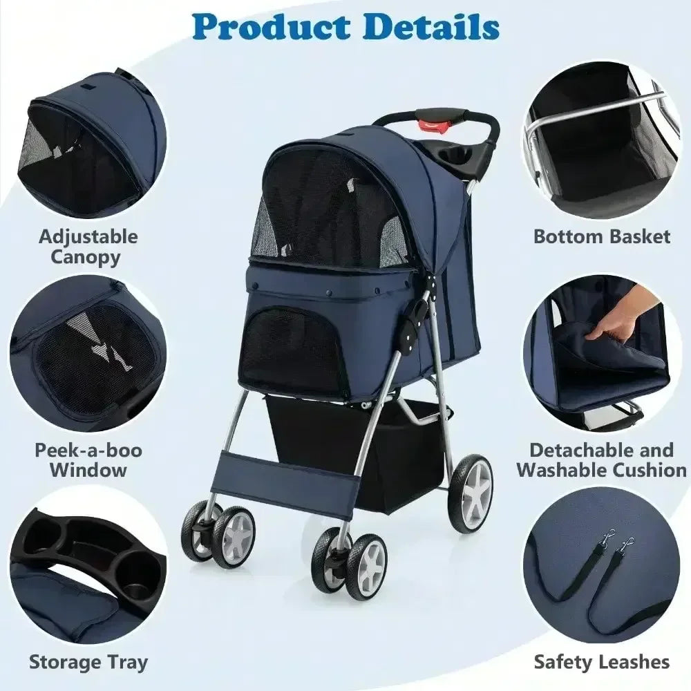Navy Folding Pet Stroller – 4-Wheel Travel Carrier with Storage Basket