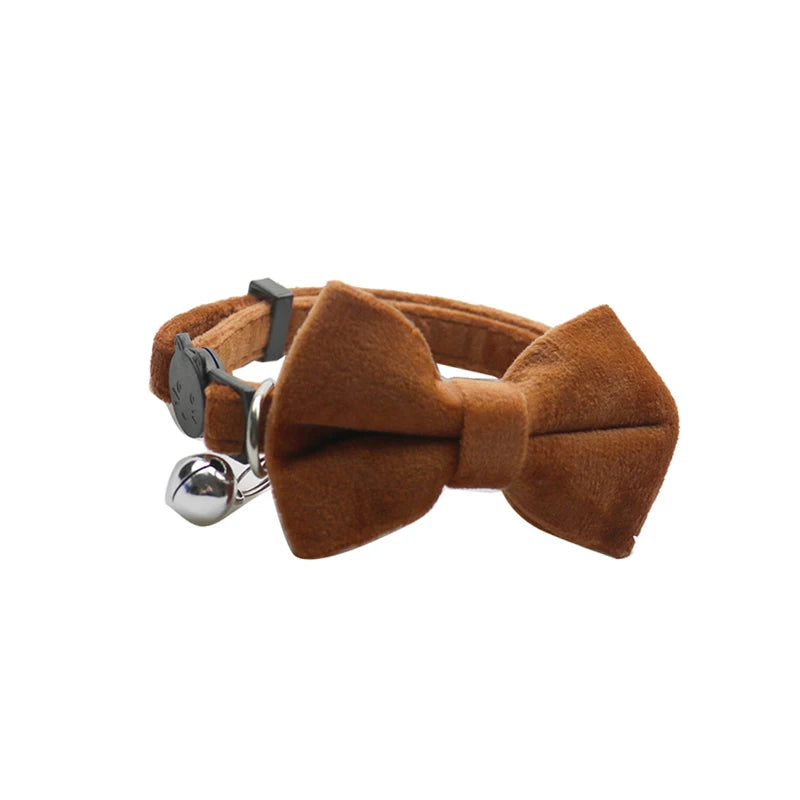 Velvet Cat Collar with Bowknot and Bell – Adjustable Safety Buckle for Puppies and Small Cats