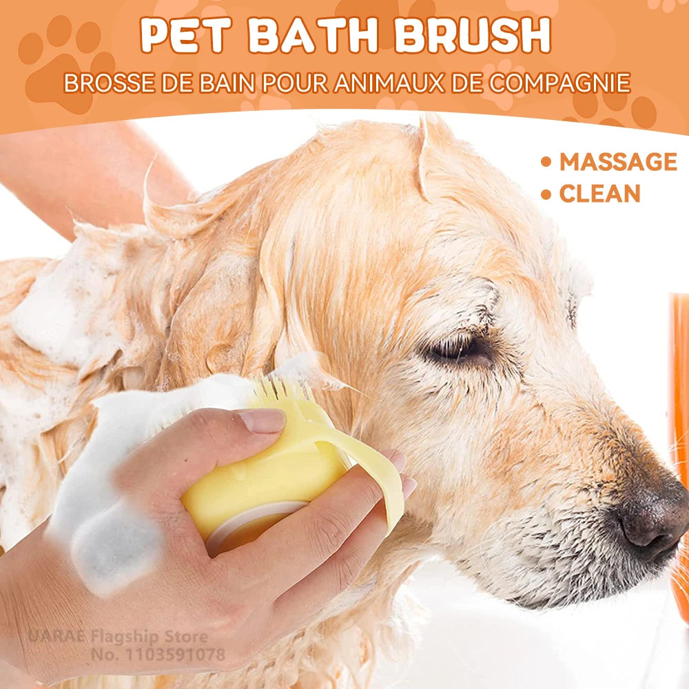 Dog Bathing Brush with Shampoo Dispenser – Soft Silicone Massage & Grooming Tool for Dogs & Cats