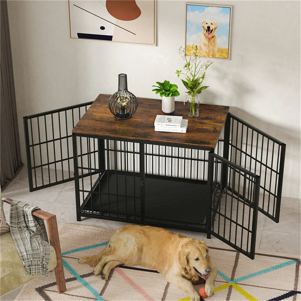 Large Wooden Dog Crate – Furniture-Style Indoor Kennel with 3 Doors, Removable Tray & End Table Design