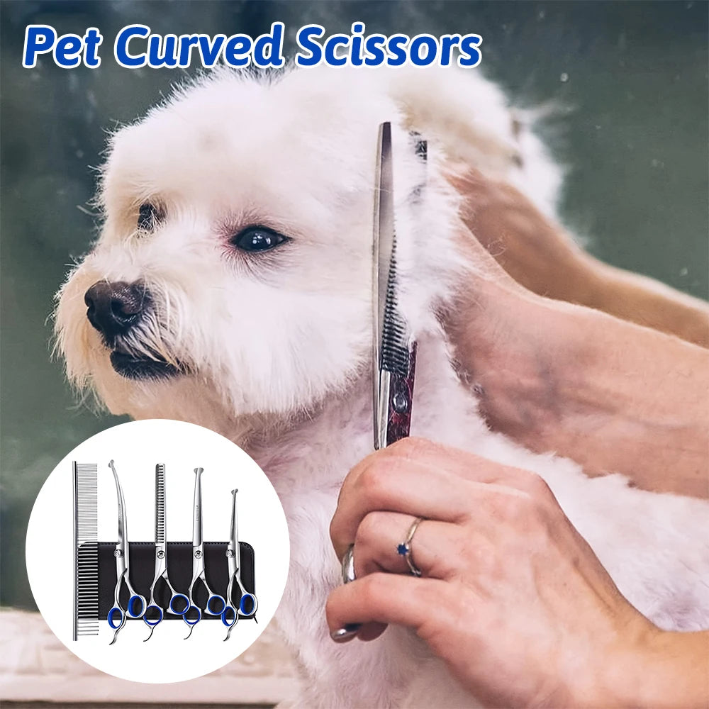 Professional 7-Inch 4CR Stainless Steel Pet Hair Shears – 7-Piece Grooming Scissors Set