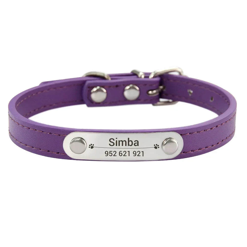 Personalized PU Leather Dog Collar with Name Carved ID – Anti-Lost Solid Collar for Small, Medium & Large Dogs and Cats