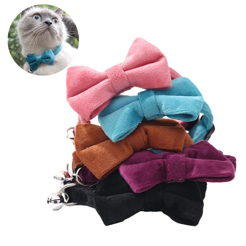 Velvet Cat Collar with Bowknot and Bell – Adjustable Safety Buckle for Puppies and Small Cats