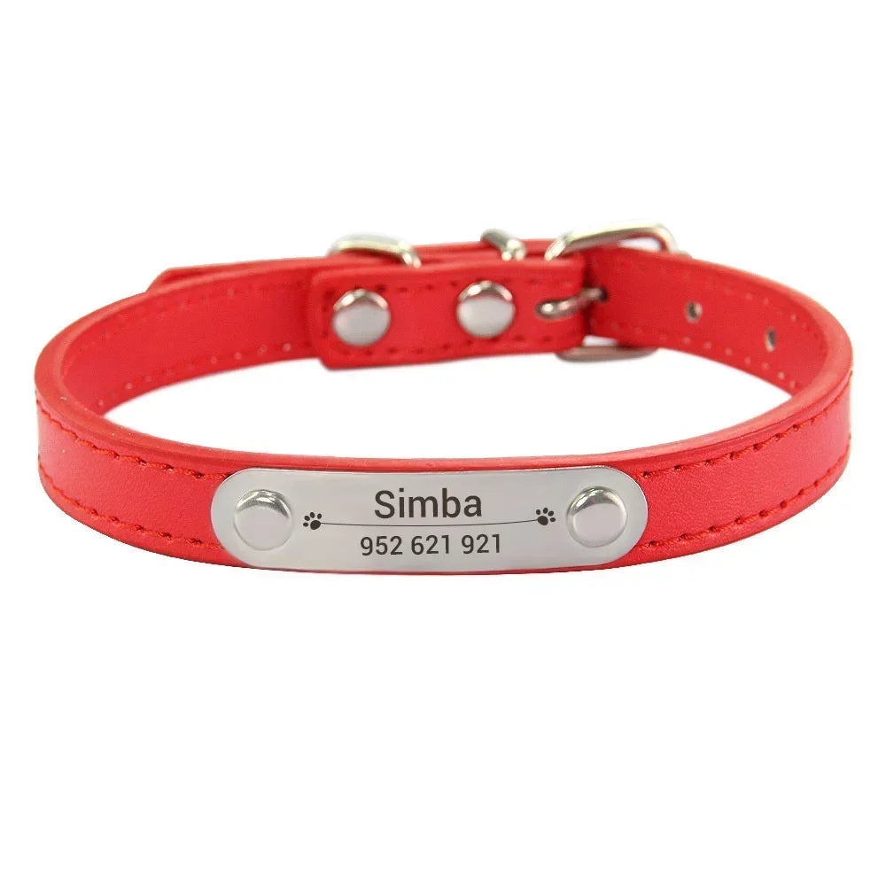 Personalized PU Leather Dog Collar with Name Carved ID – Anti-Lost Solid Collar for Small, Medium & Large Dogs and Cats