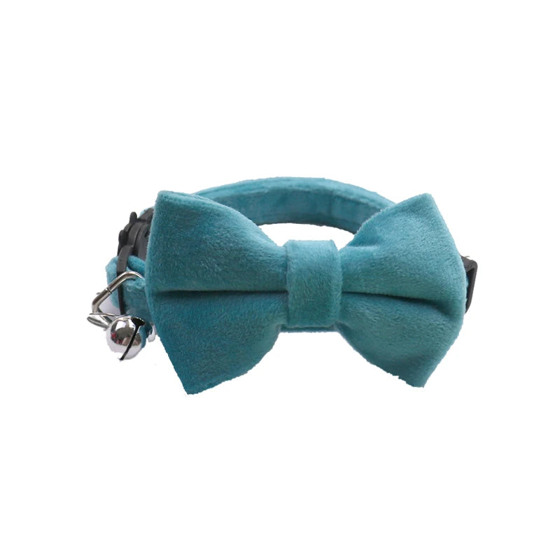 Velvet Cat Collar with Bowknot and Bell – Adjustable Safety Buckle for Puppies and Small Cats