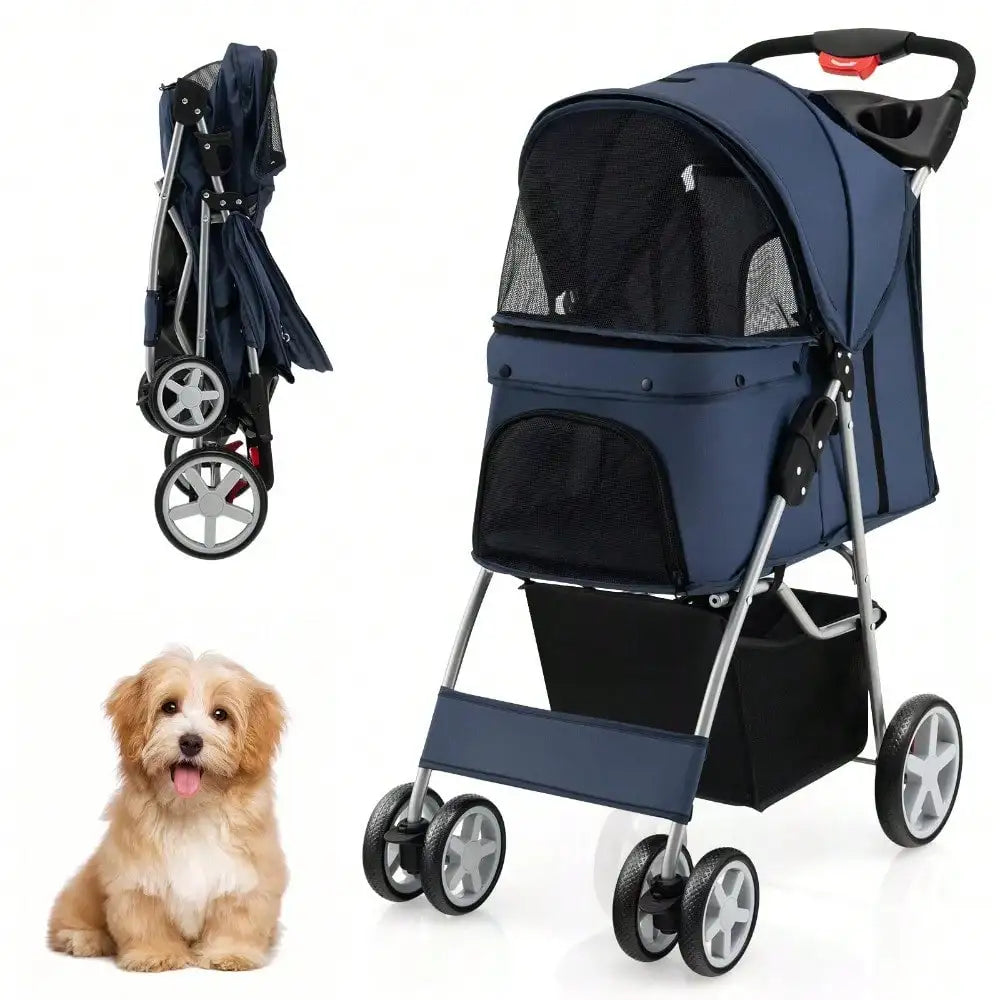 Navy Folding Pet Stroller – 4-Wheel Travel Carrier with Storage Basket