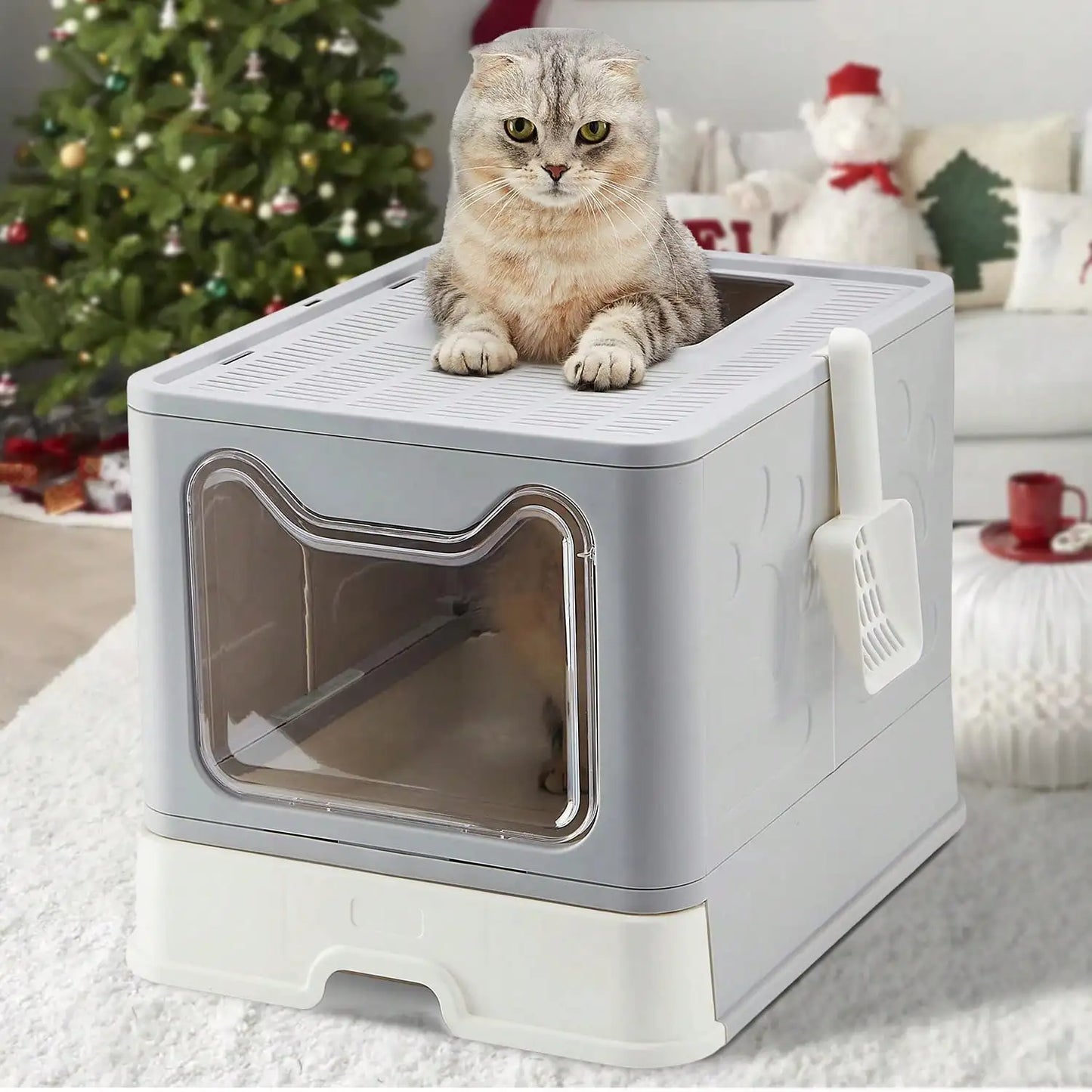 Convenient Foldable Cat Litter Box with Drawer Design and Scooper – Easy Waste Management