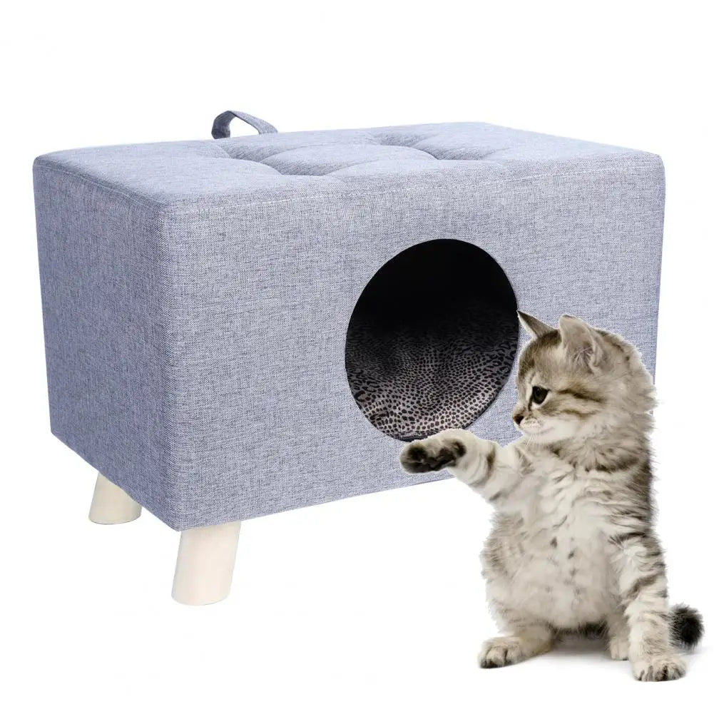 Cat Nest Pet House Bench – Wooden Cat Cave with Mat & Cushion