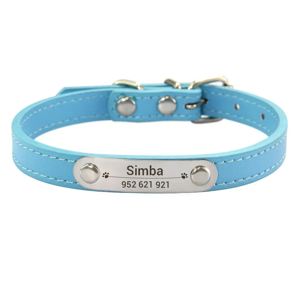 Personalized PU Leather Dog Collar with Name Carved ID – Anti-Lost Solid Collar for Small, Medium & Large Dogs and Cats