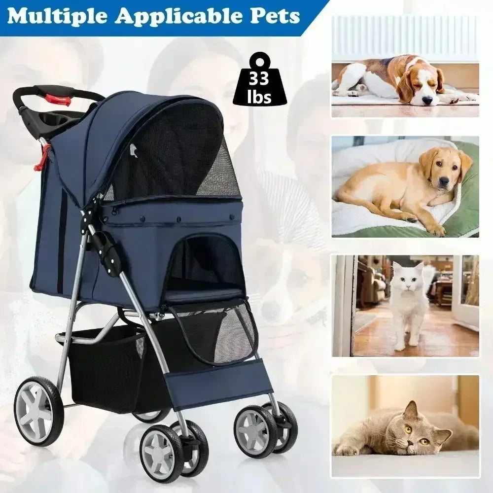 Navy Folding Pet Stroller – 4-Wheel Travel Carrier with Storage Basket