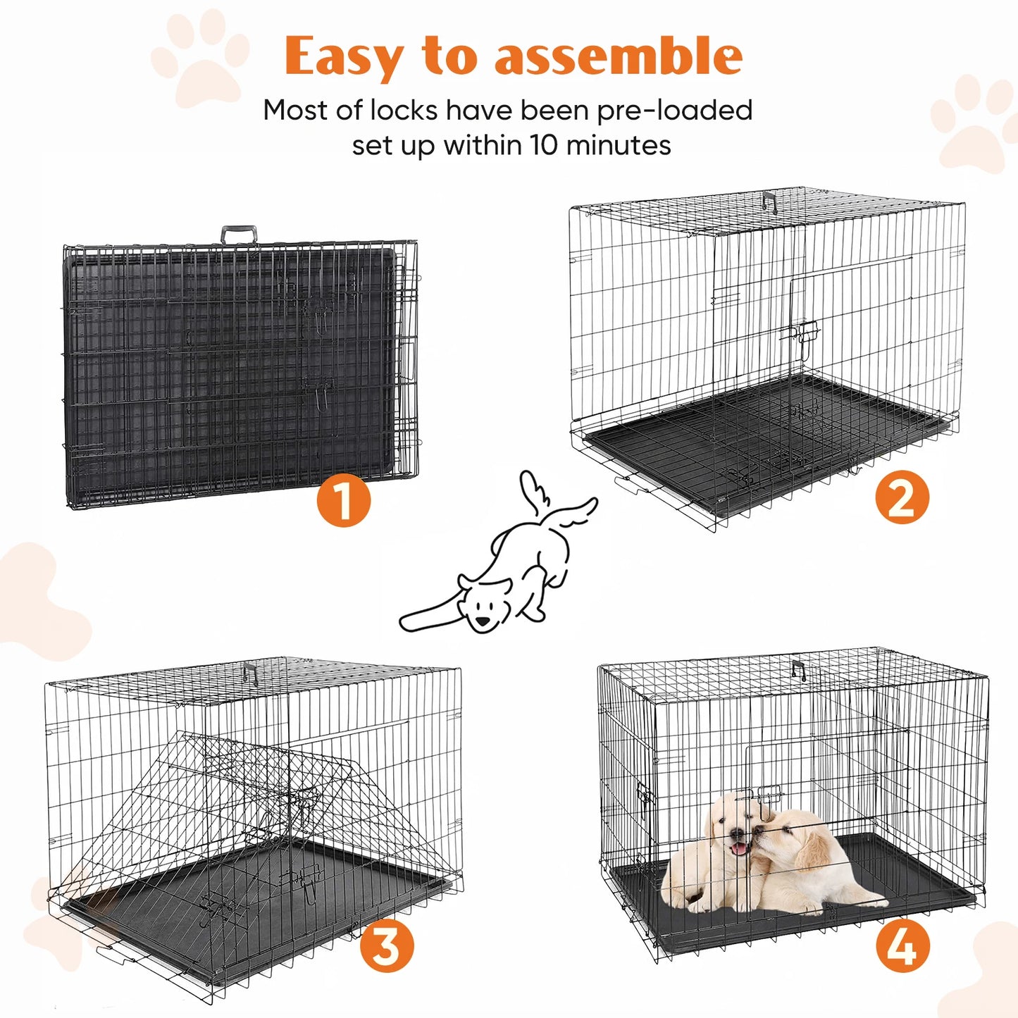 Double Door Folding Metal Wire Dog Cage – Extra Large Pet Kennel with Leak-Proof Pan Tray for Indoor & Outdoor Use